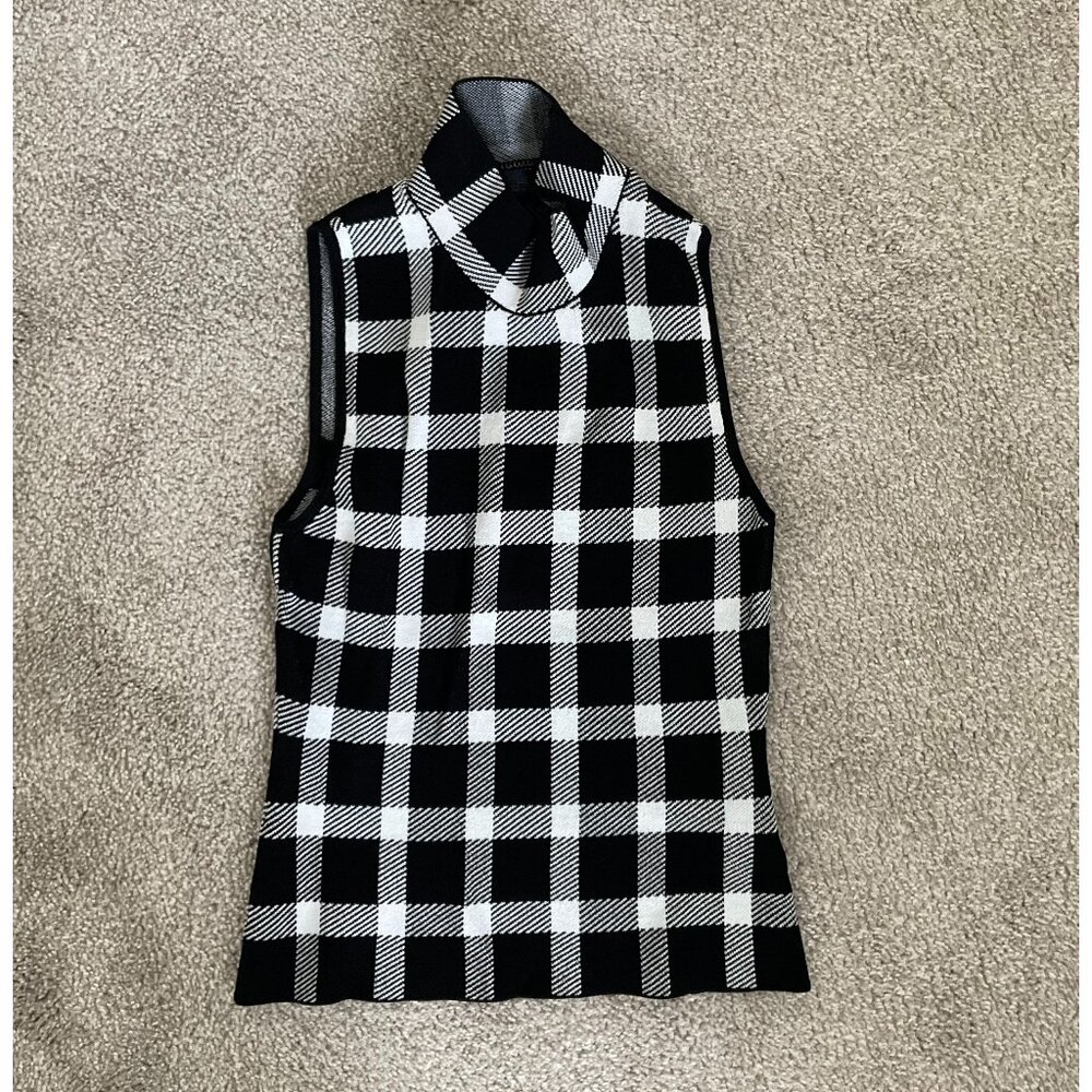 Rachel Roy sleeveless faux neck plaid black and white top